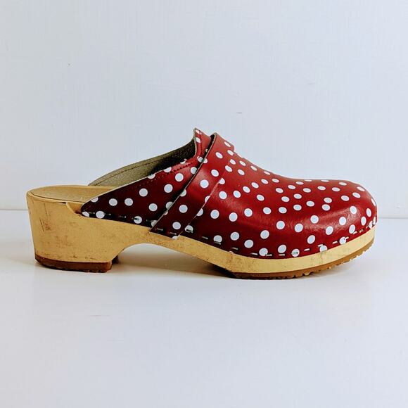Verka Polka Dot Clogs 40 Red White Slip On Wood Platform Retro Aesthetic Chic - Picture 7 of 14
